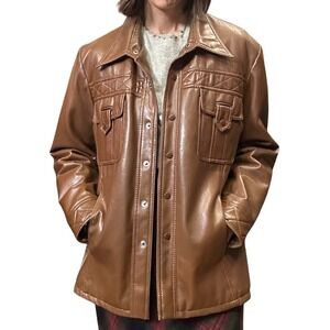 NOVINA Mr Murray Mens Brown Camel Faux Leather Sherpa Lined Jacket 60s Mod L